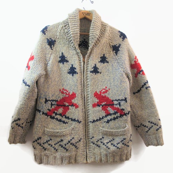 Vintage Sweaters - Vintage Ski Sweater Hand Knit Mary Maxim Skiing Cardigan Sweater